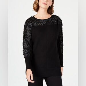 NWT JM Collection Mesh Lace Embellished Floral Sweater Black Size 1X
